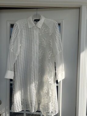 Sheer White Lace & Grid 
Button-Up Tunic
Super cute with blue jeans- New